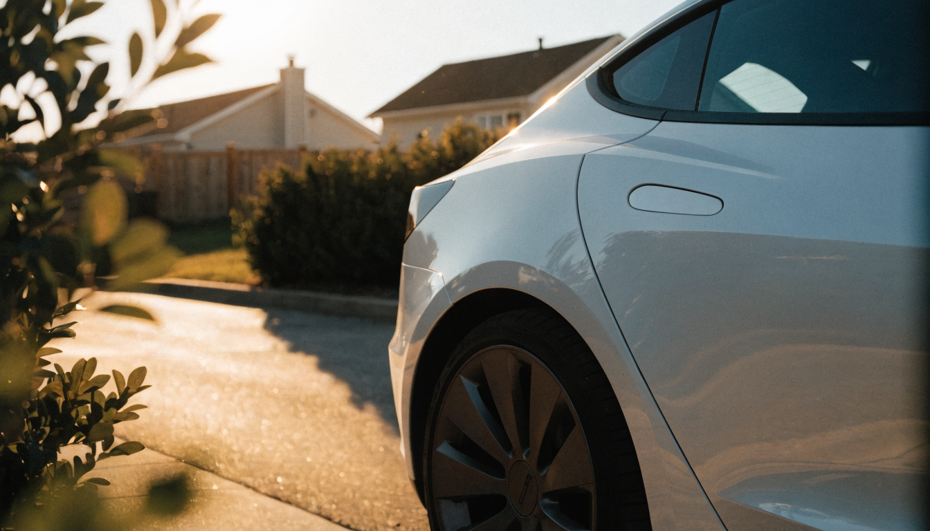 A white Tesla Model 3 parked on a driveway at sunset, its charge port closed, warm evening light across the bodywork.