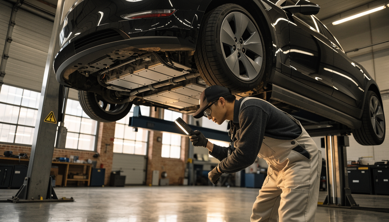 Underside view of an electric saloon car up on a garage ramp, a mechanic peering into the open floor section beneath it.