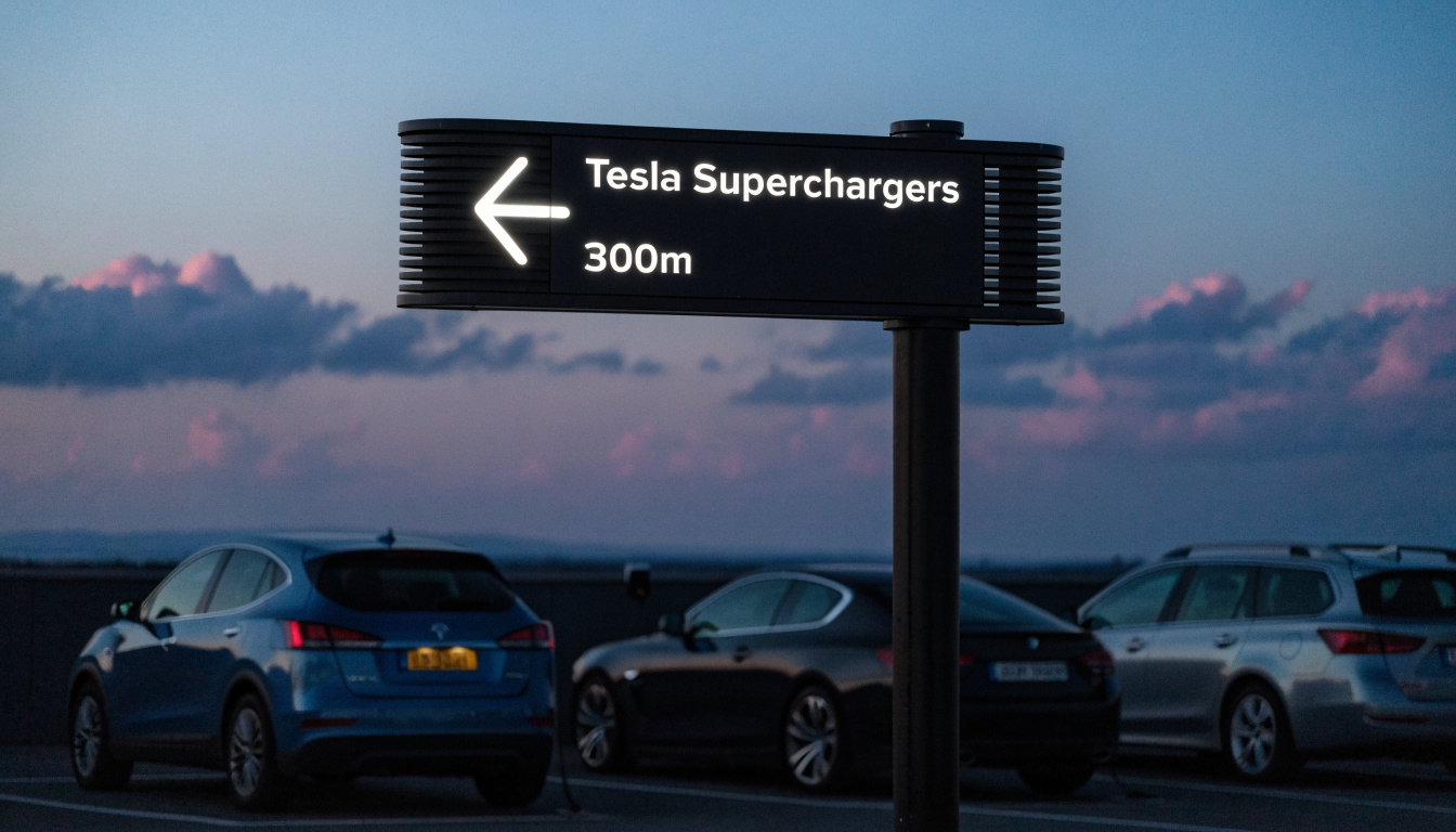 A glowing charging-station sign rises above a row of parked cars as the evening light fades toward night at a motorway services stop.