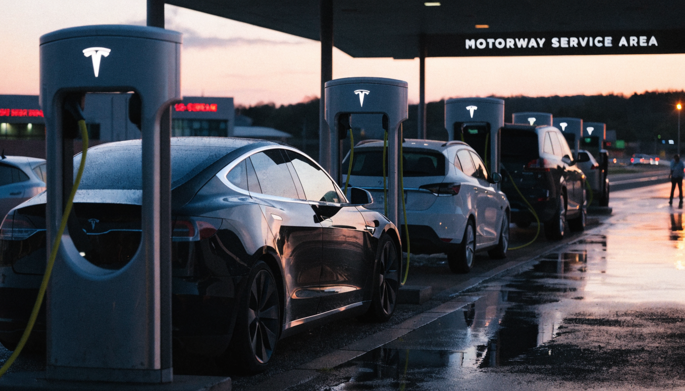 Several different makes of electric car charging side by side at a row of Tesla Supercharger stalls at dusk.