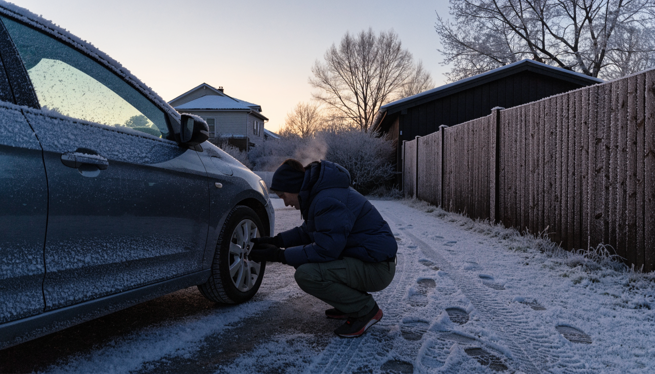 A car on a frost-covered driveway at dawn, its owner crouched to check a tyre, breath visible in the cold morning air.