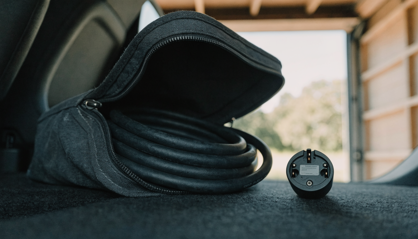 A portable EV charging lead packed into an open carry bag in a car's boot, with a spare plug head lying next to it.
