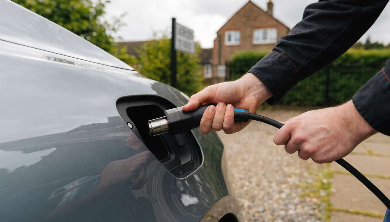 A technician has plugged a diagnostic tool into a grey saloon's charging socket to check its battery condition.