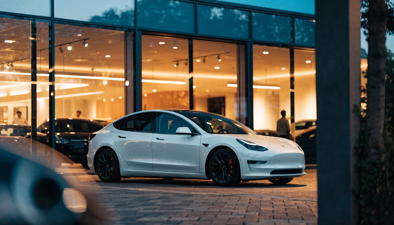 A pearl white Tesla Model 3 parked outside a car dealership showroom at dusk, its bodywork lit by the glow from the illuminated glass frontage.