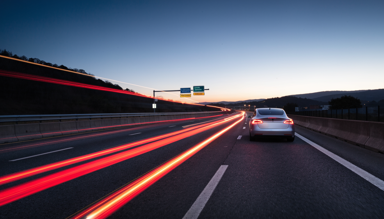 A silver Tesla Model 3 on a UK motorway at dusk, its tail lights streaking in a long-exposure shot of night driving.