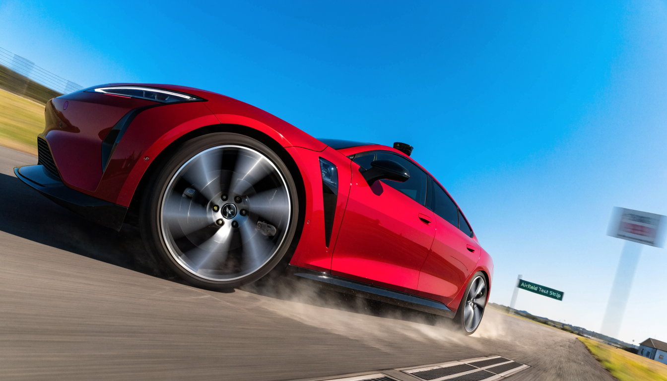 A red Tesla Model 3 Performance accelerating hard along an empty airfield strip, motion blur streaking behind it under grey daylight.