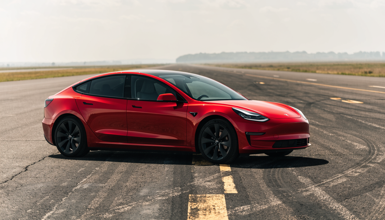 A red Tesla Model 3 Performance parked alone on a long, empty runway, with heat haze visible on the tarmac ahead.