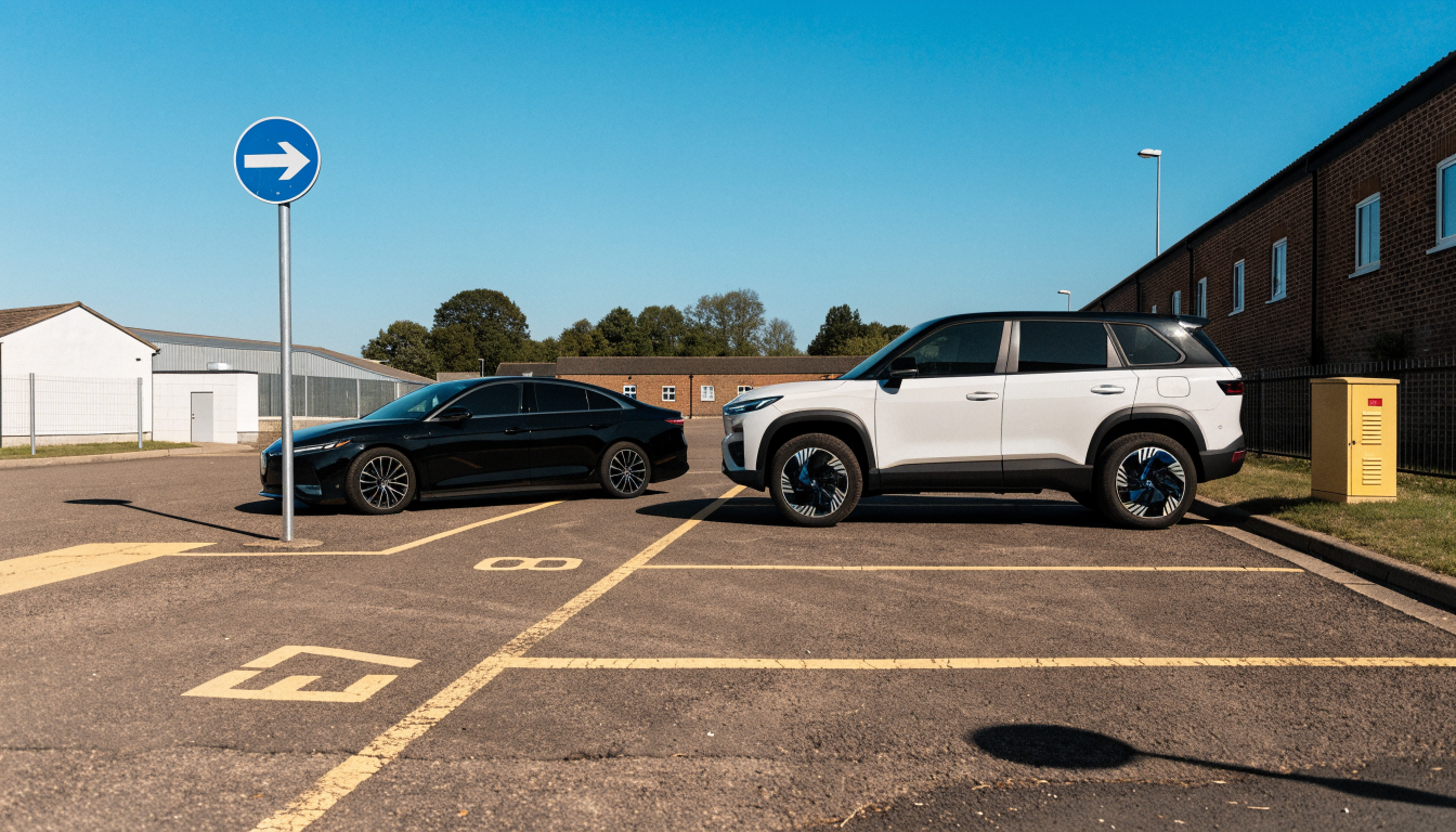 A black Tesla Model 3 saloon parked next to a white Tesla Model Y SUV in a car park at golden hour, showing their size difference side by side.