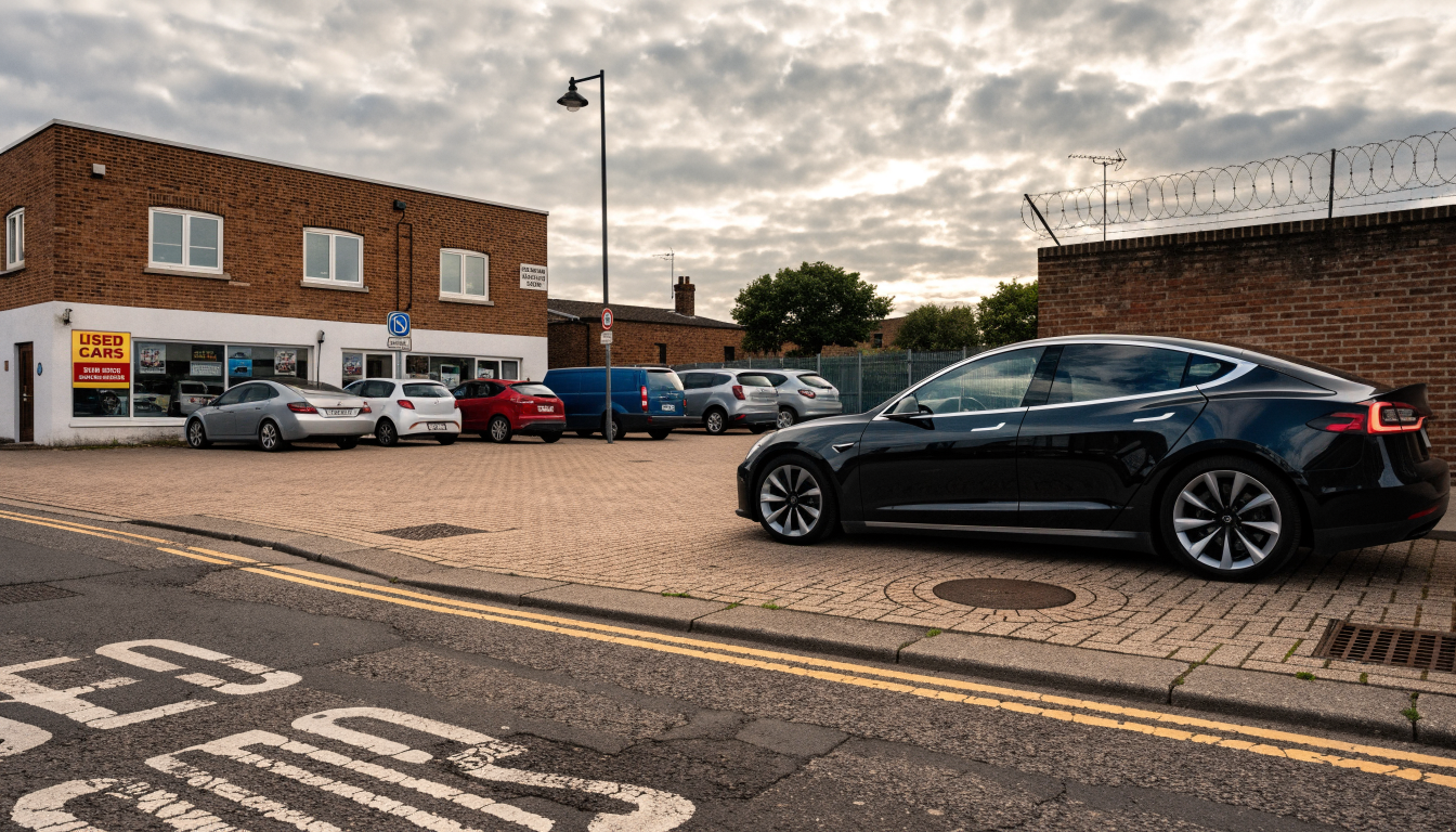 A black Tesla Model S parked on a UK dealership forecourt under overcast skies, its long saloon silhouette visible from the side.