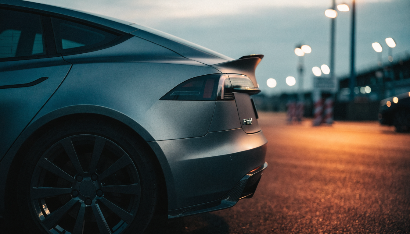 A dark grey Tesla saloon sits trackside as evening sets in, artificial lighting starting to brighten the scene behind it.