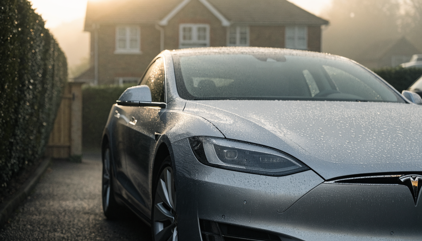 A long, low silver saloon sits outside a suburban house at first light, its paintwork misted over and the street beyond still empty.