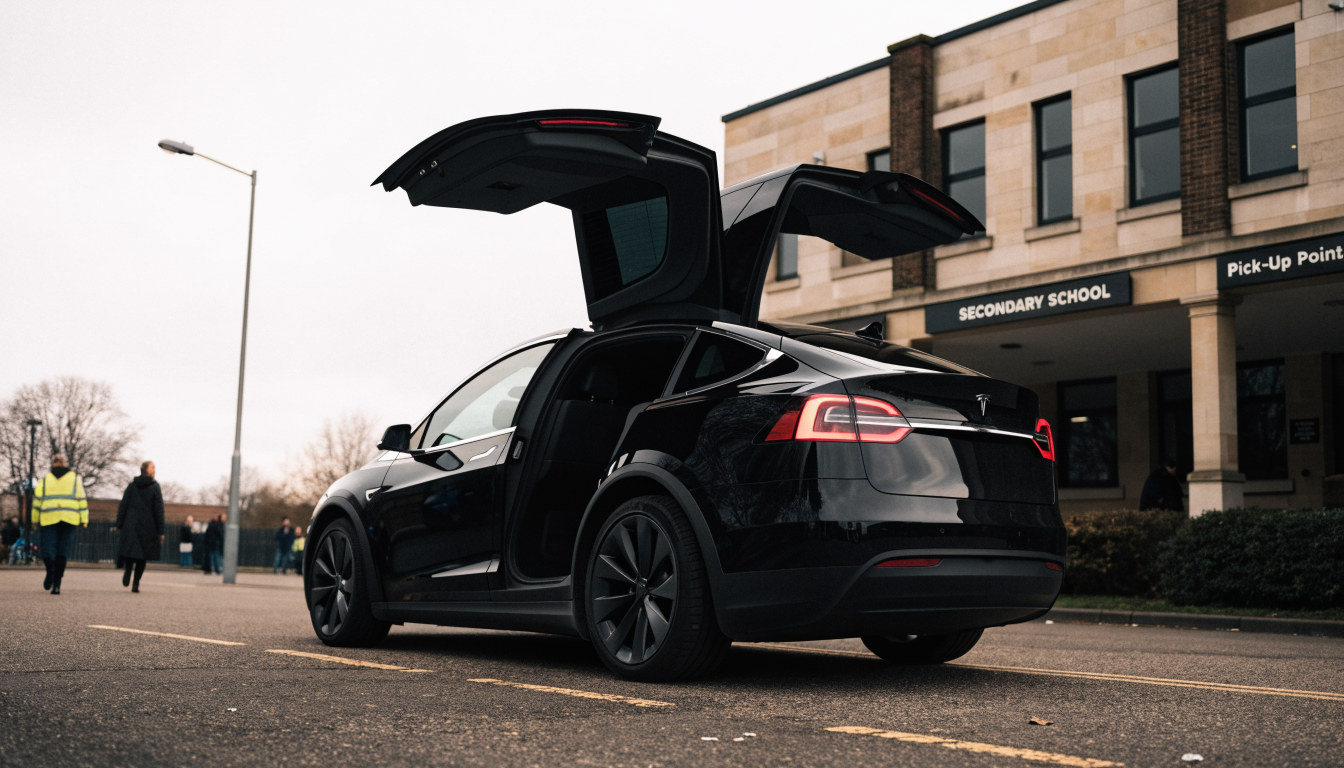 A black Tesla Model X with an upward-opening rear door stands outside a school entrance, its cabin visible beneath the panel.
