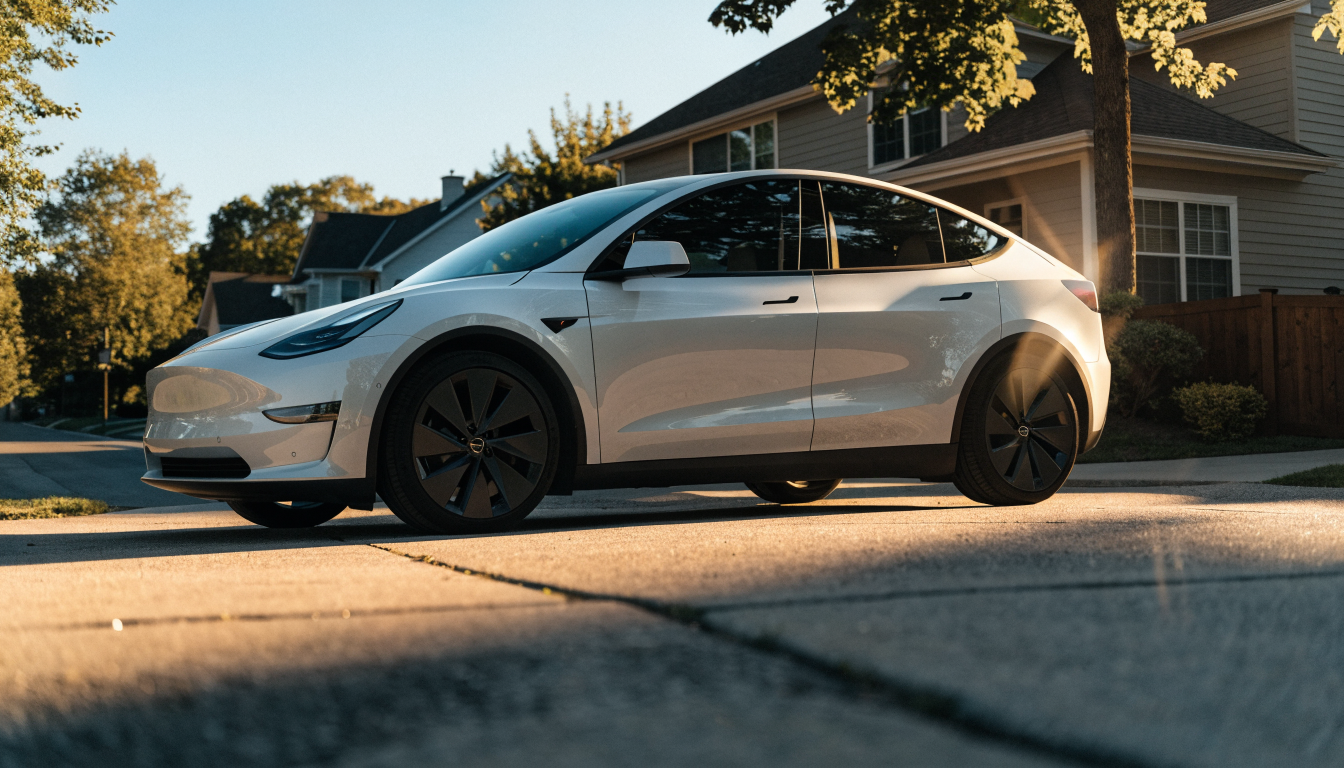 A white six-seat Tesla Model Y L, noticeably longer than the standard Model Y, parked on a US driveway at golden hour.