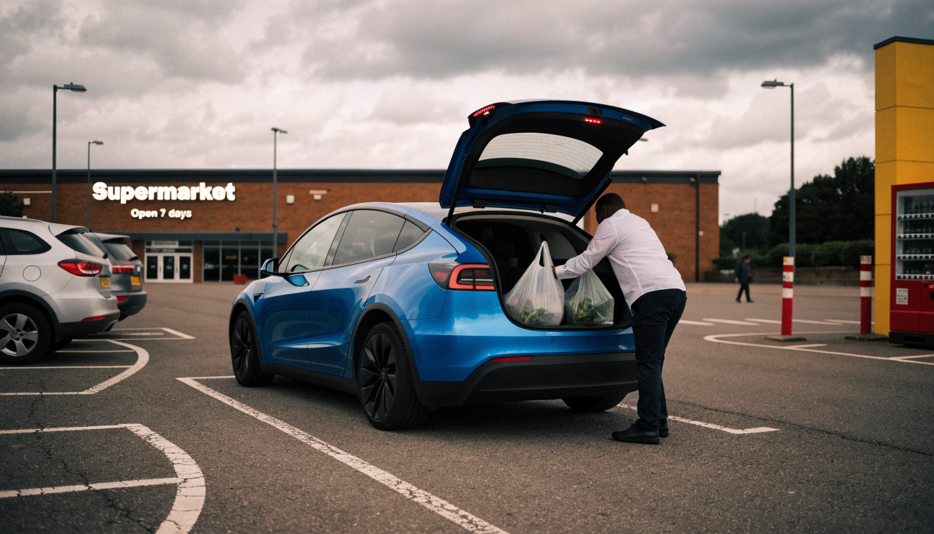 A blue Tesla Model Y with its boot open in a UK supermarket car park, someone loading shopping bags inside under overcast daylight.