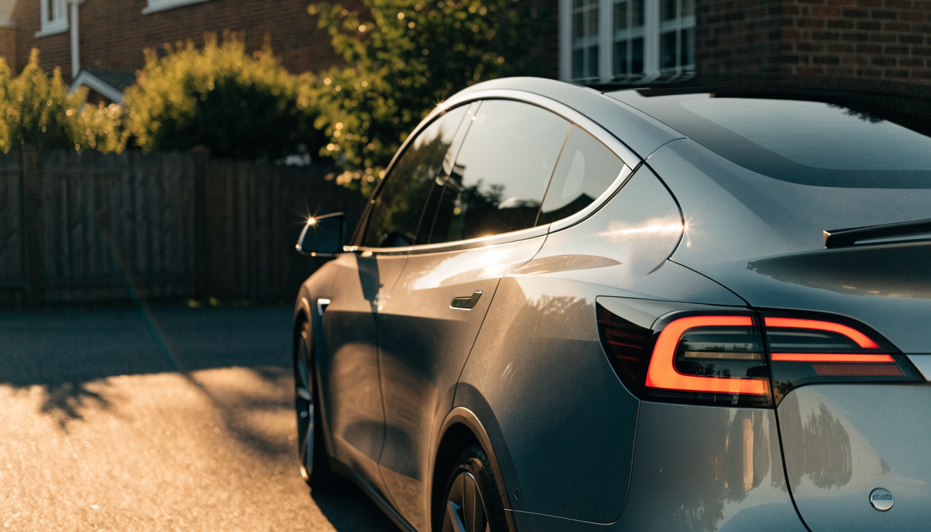 A family SUV stands on a home driveway as low evening sun picks out the illuminated strip across its boot lid.