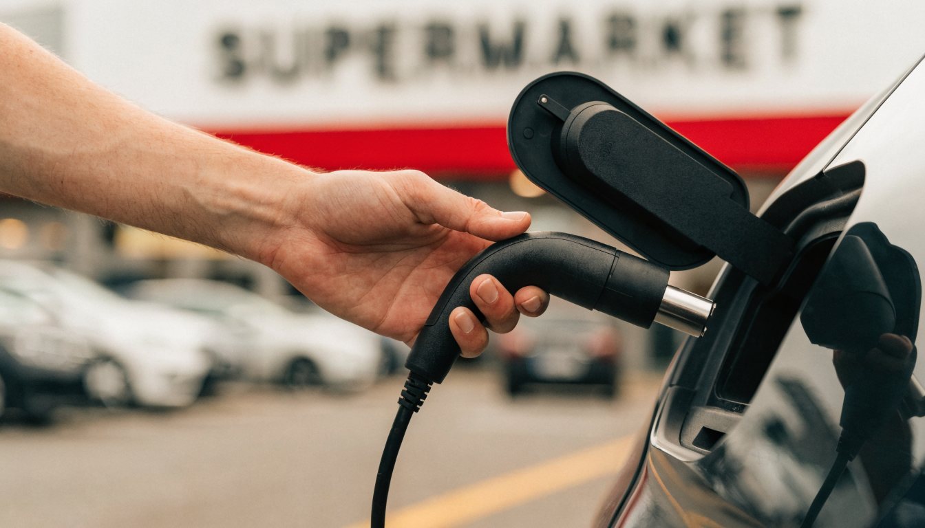 Someone holds a compact black charging adapter over an open EV socket in a car park under grey skies.