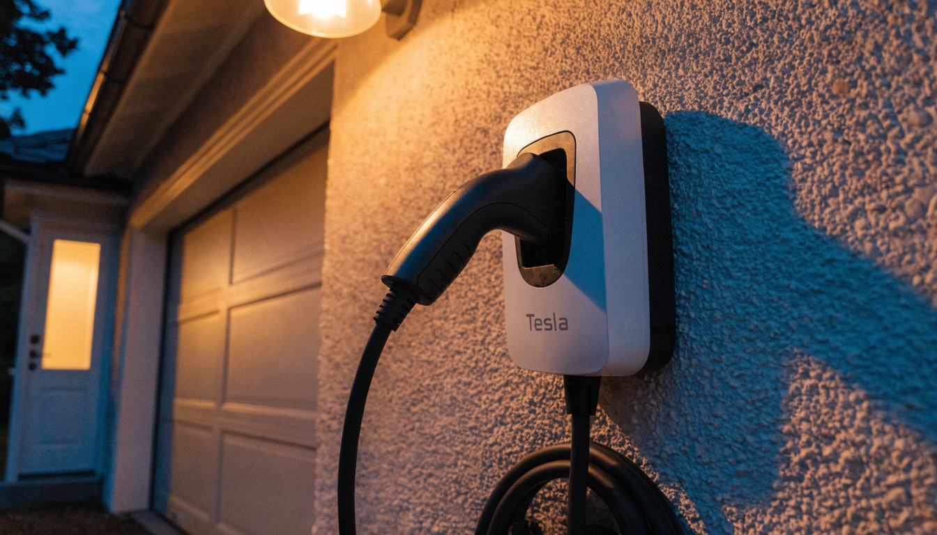 An outdoor home EV charging unit fixed above a driveway, its lead neatly stored and the plug resting in its cradle as evening falls.