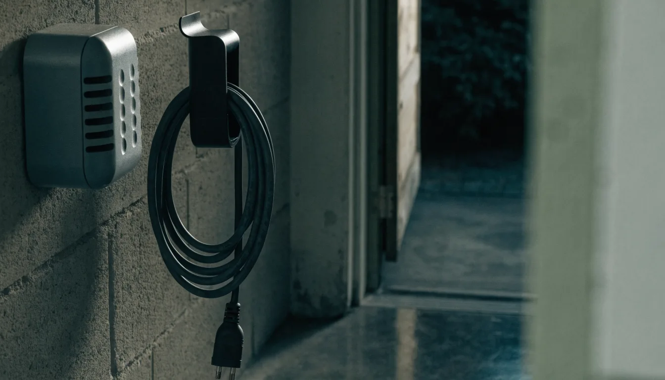 A tethered charging cable hanging neatly on a wall holster beside a home charging unit in a garage.