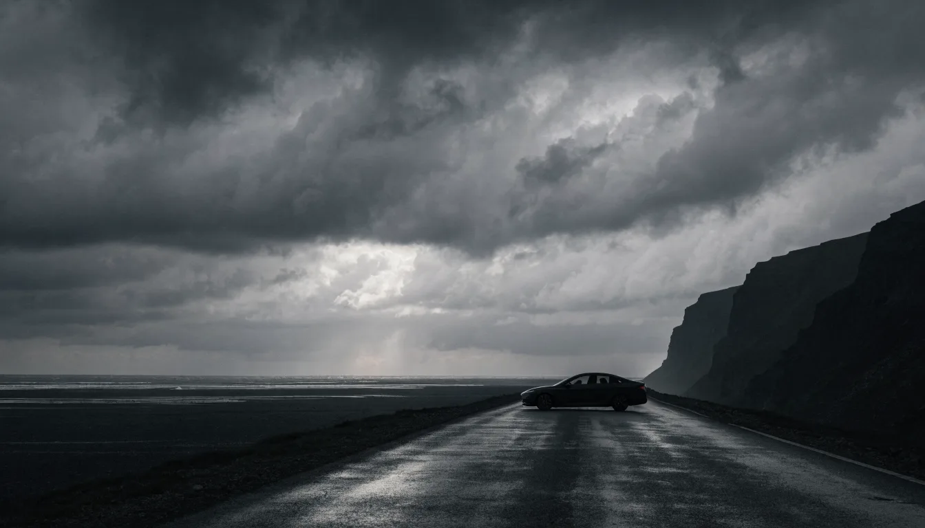 An electric car silhouetted against a dramatic overcast sky on an empty coastal road.