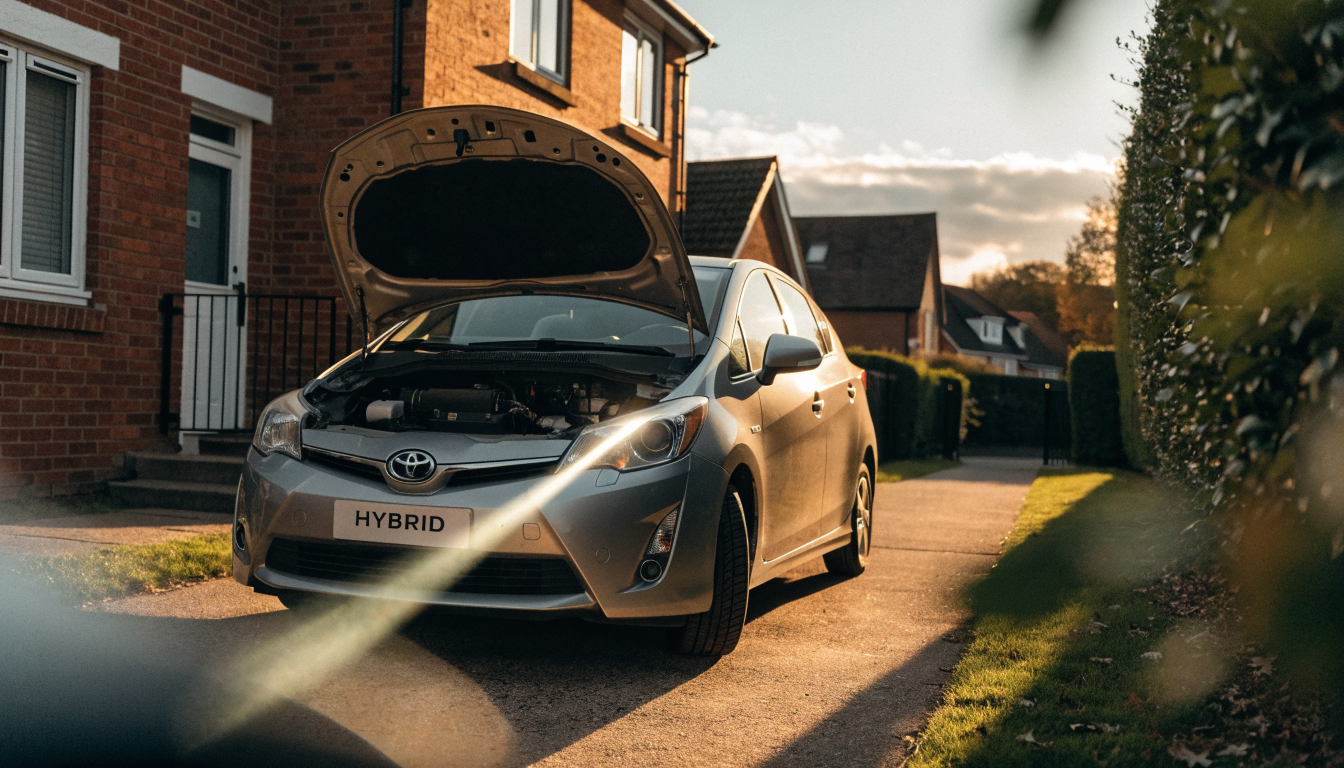 A hybrid car's bonnet stands open on a driveway at dusk, torchlight sweeping across the engine bay as evening light fades.