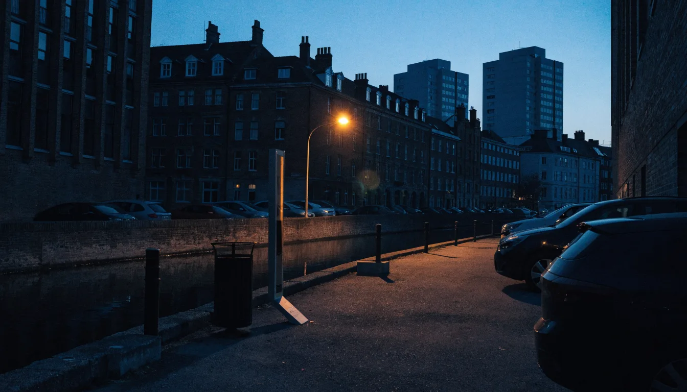 A charging post beside a canal-side urban car park at blue hour, with city buildings reflected in the water.