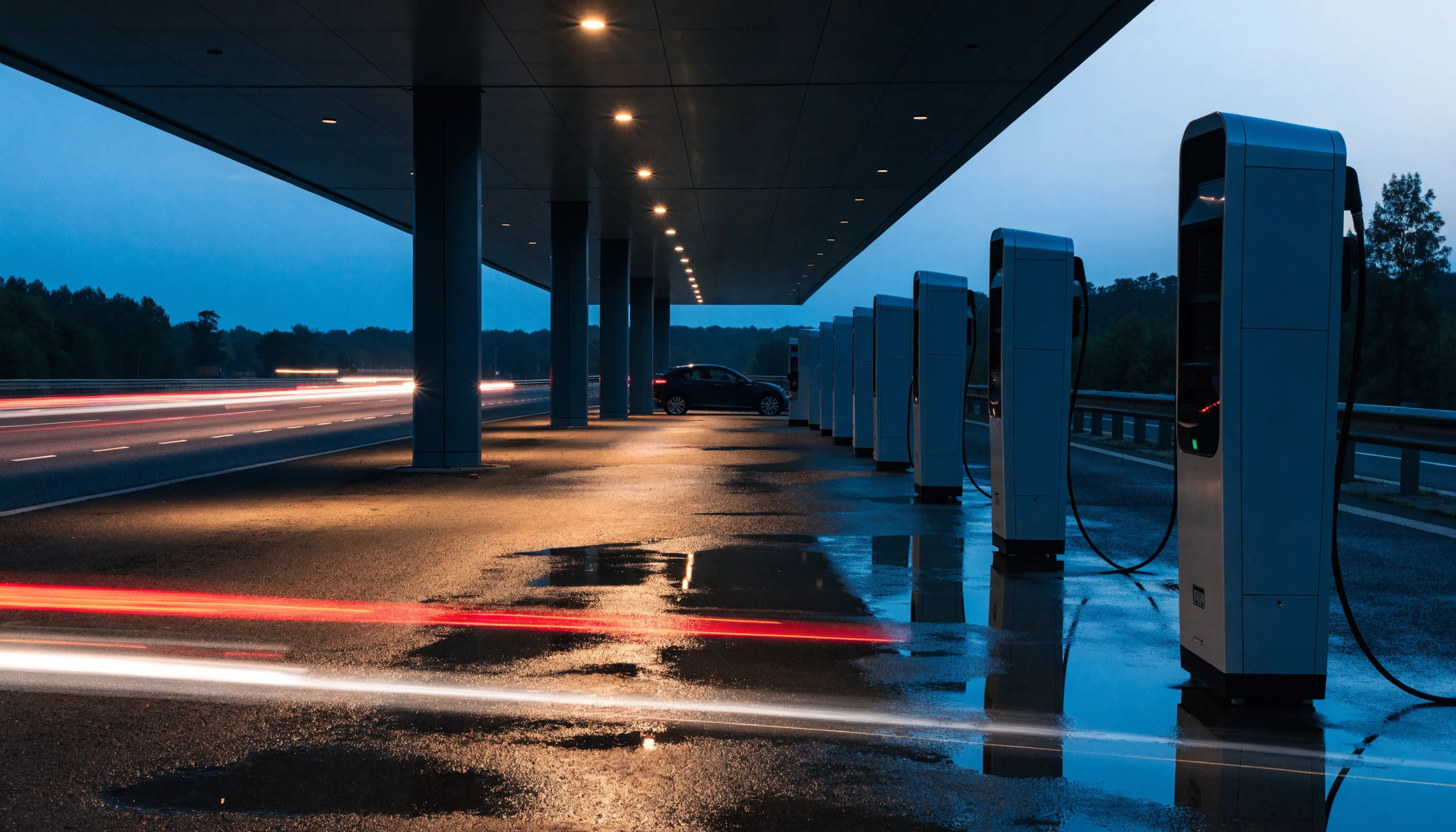 A row of high-power rapid charging bays at a motorway service area at dusk, canopy lights reflecting on wet tarmac.