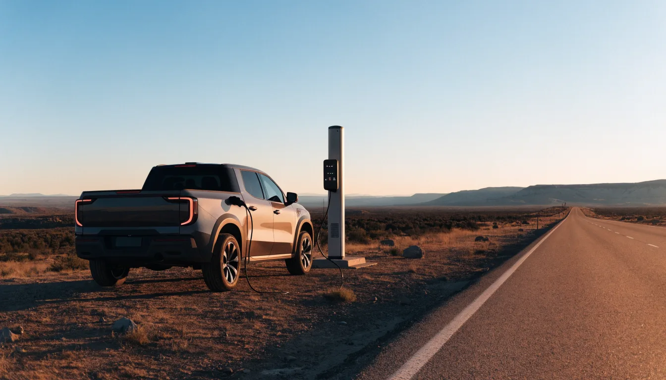 A modern electric pickup truck at a highway charging stop in a wide open western landscape.