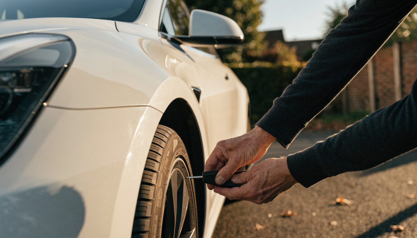 A buyer checking tyre tread depth on a white Tesla Model 3 during a private used-car viewing on a UK driveway.