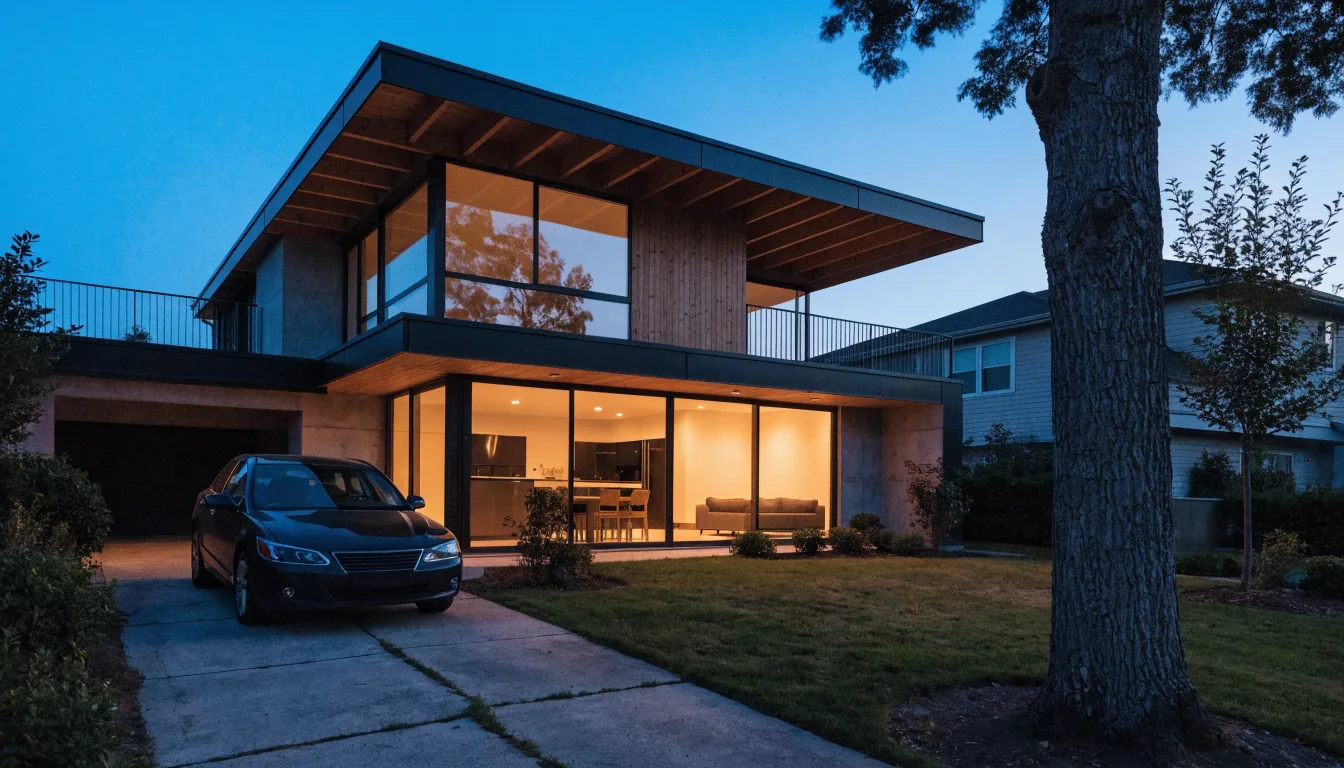 A suburban house at dusk with warm interior lighting and a car parked on the driveway.