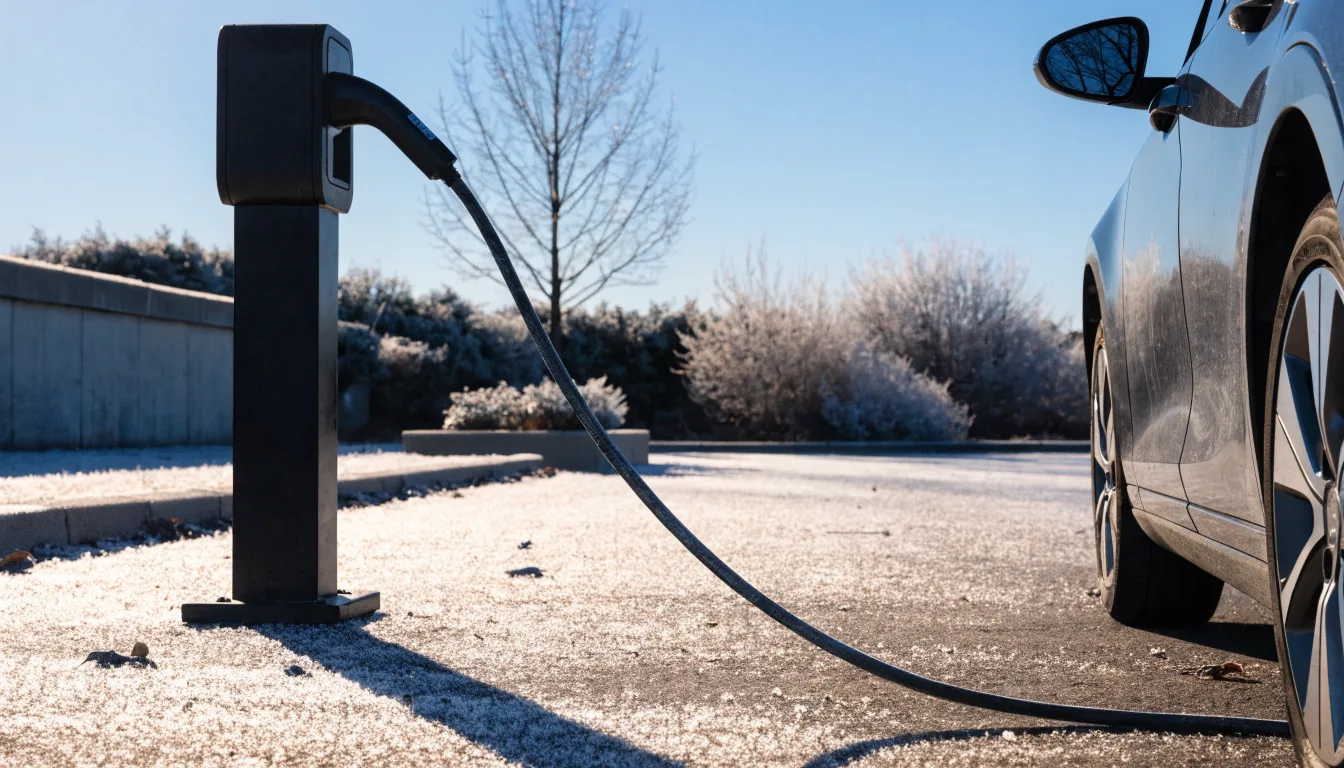 A rapid charging cable running between a charging post and a car in bright winter sunlight, with frost on the ground.