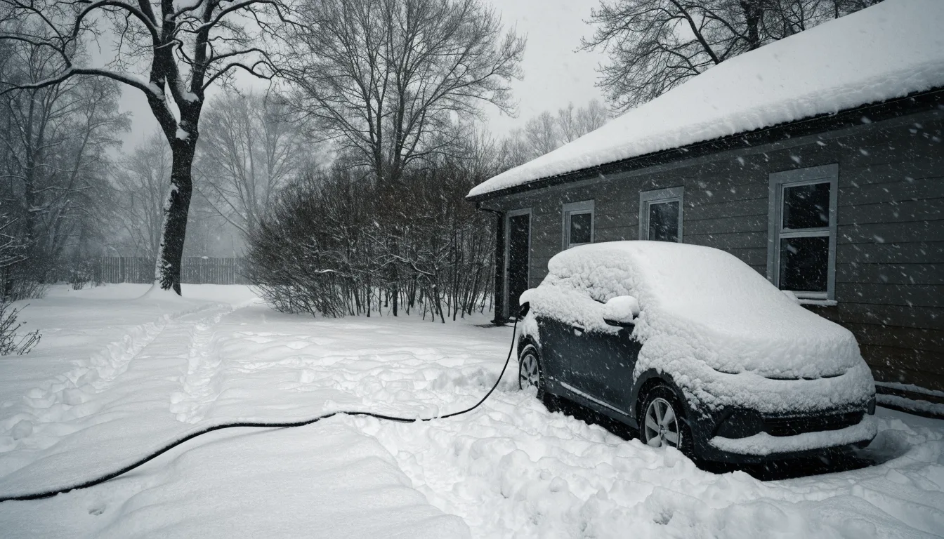 An electric car charging outside a house in heavy winter snow, with snow settled on its roof and bonnet.