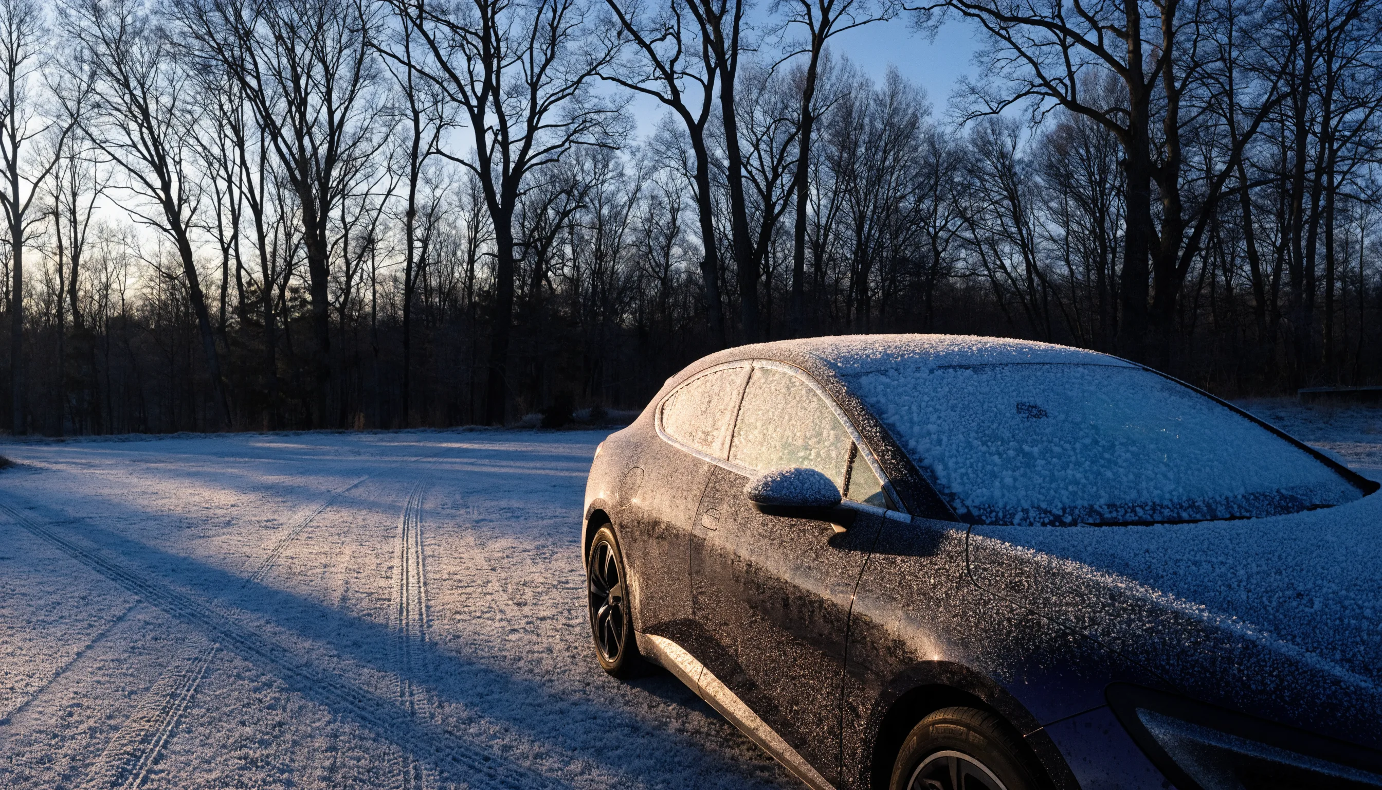 An electric car on a frost-covered driveway on a cold winter morning, ice on the windscreen and long low shadows.