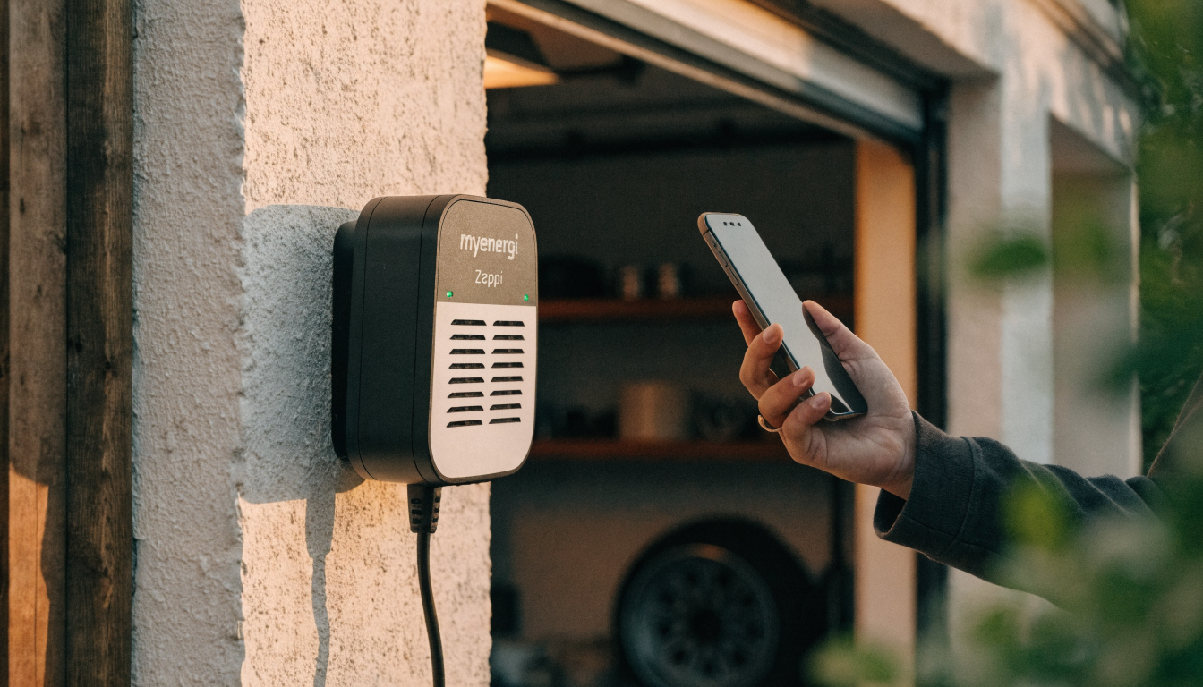 A hand holds a smartphone next to a wall-mounted EV charger inside a garage, checking for a signal as evening light fades outside.